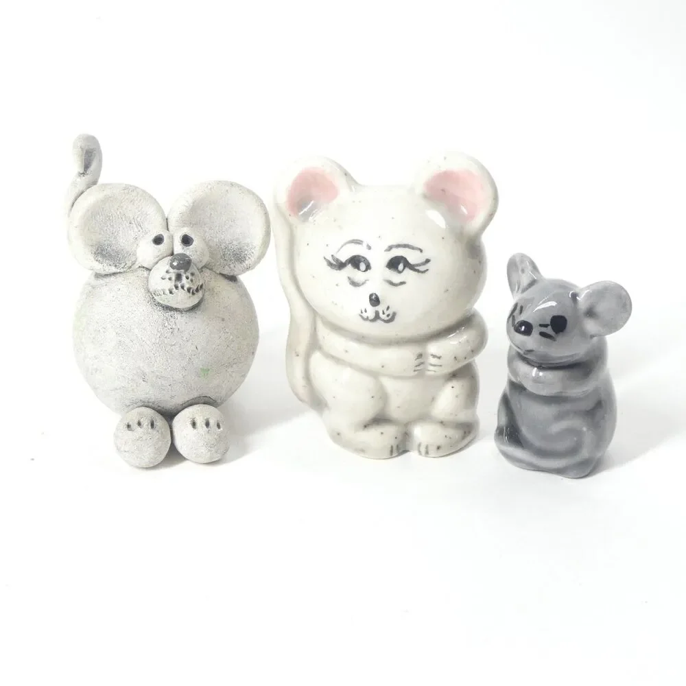 3 Mouse Figurines Handmade Clay Pottery Ceramic Miniature Mice